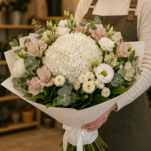 Buchet flori de camp natural cu hortensie alba si lisianthus - poza 2