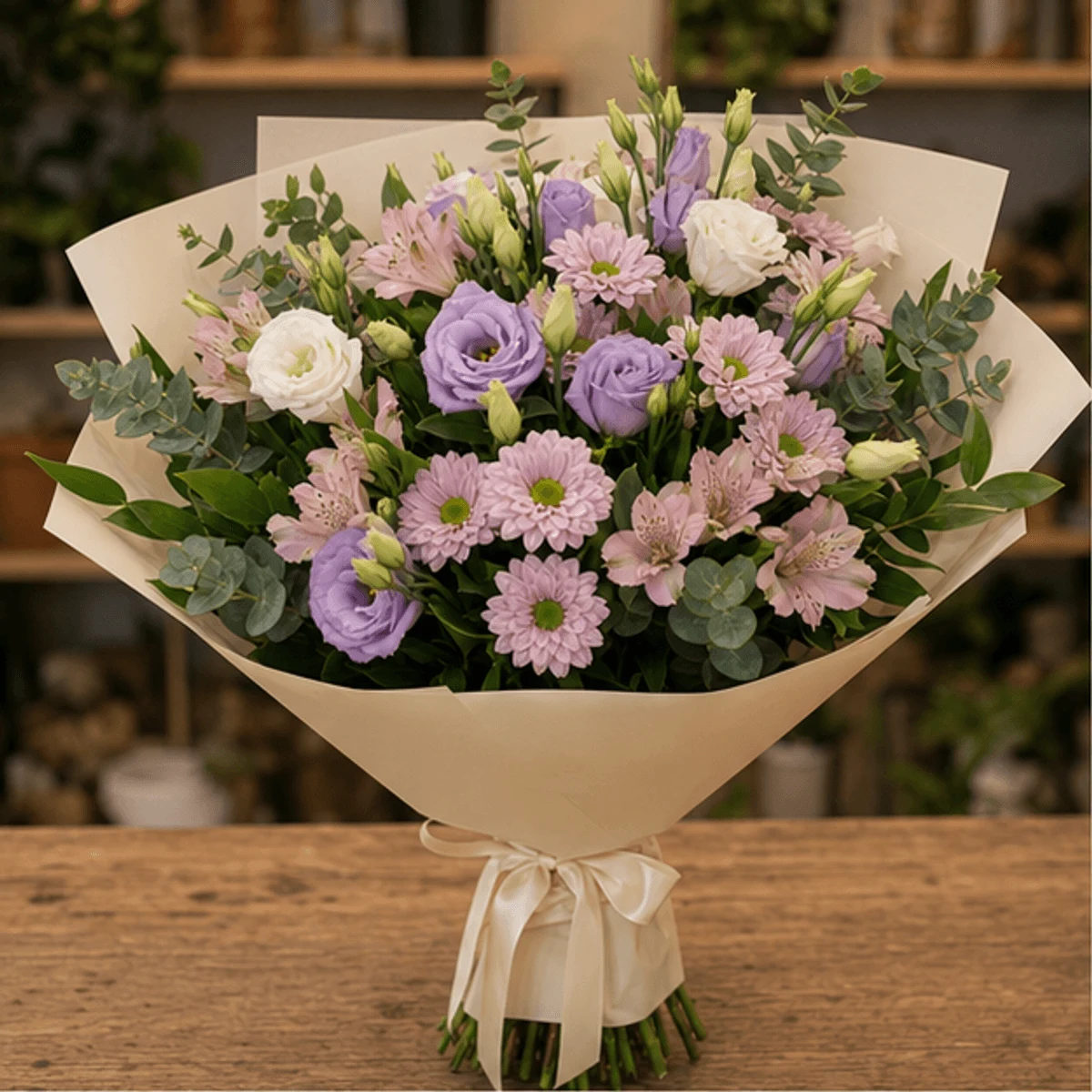 Buchet flori de camp pastel cu lisianthus si crizanteme - poza 1