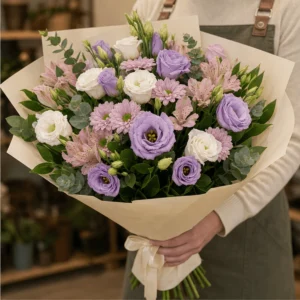 Buchet flori de camp pastel cu lisianthus si crizanteme - poza 2