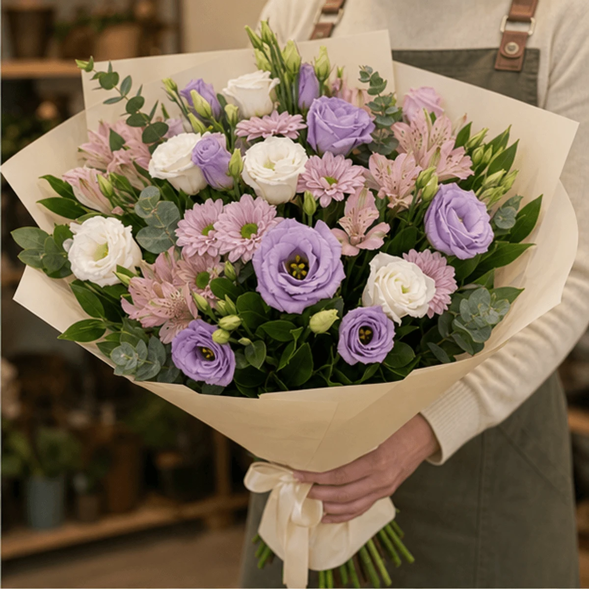 Buchet flori de camp pastel cu lisianthus si crizanteme - poza 2