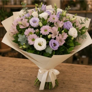 Buchet flori de camp pastel cu lisianthus si crizanteme - poza 3