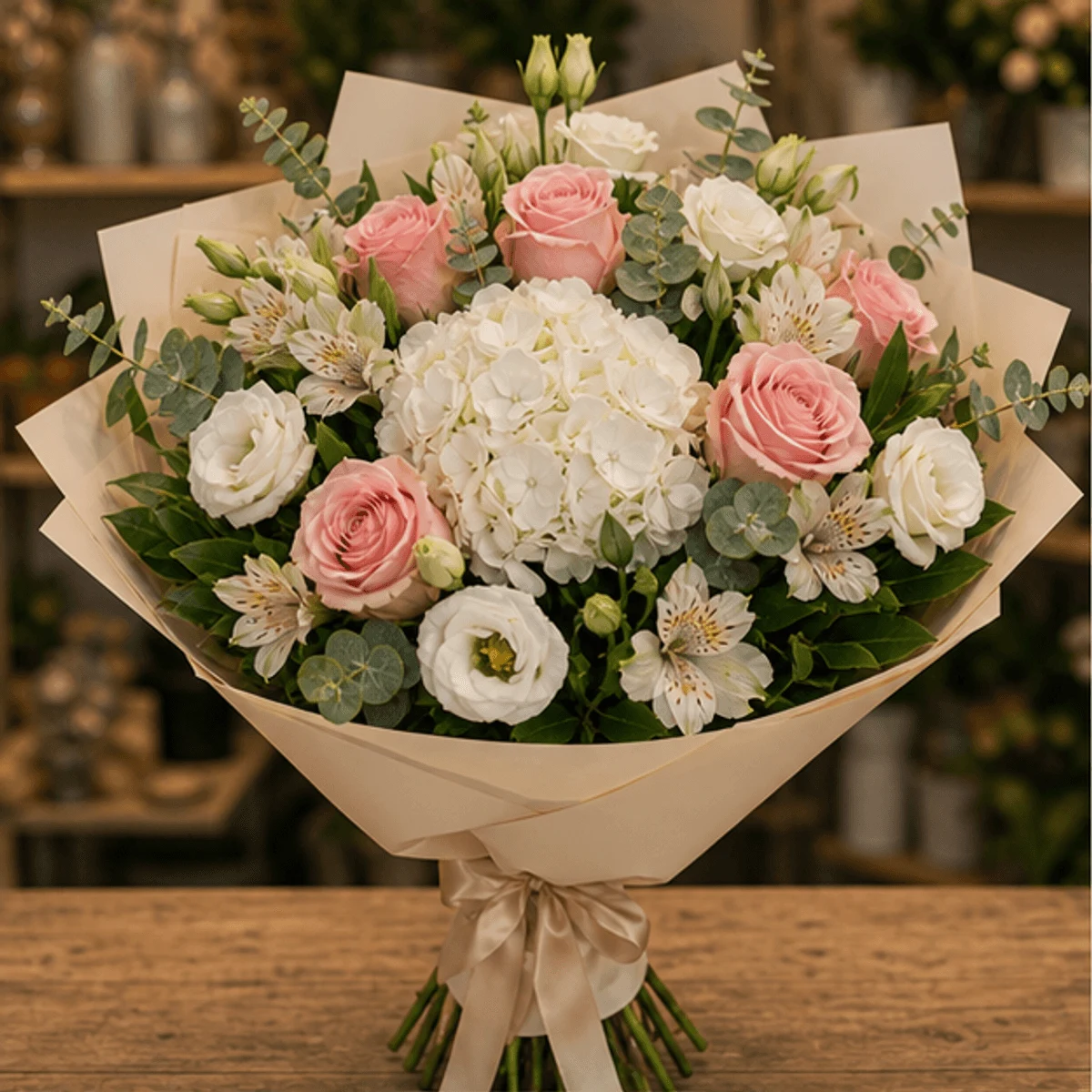 Buchet flori de camp premium cu hortensie si trandafiri pastel - poza 1