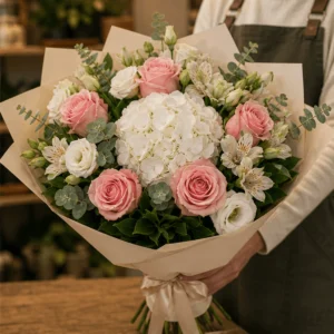 Buchet flori de camp premium cu hortensie si trandafiri pastel - poza 2