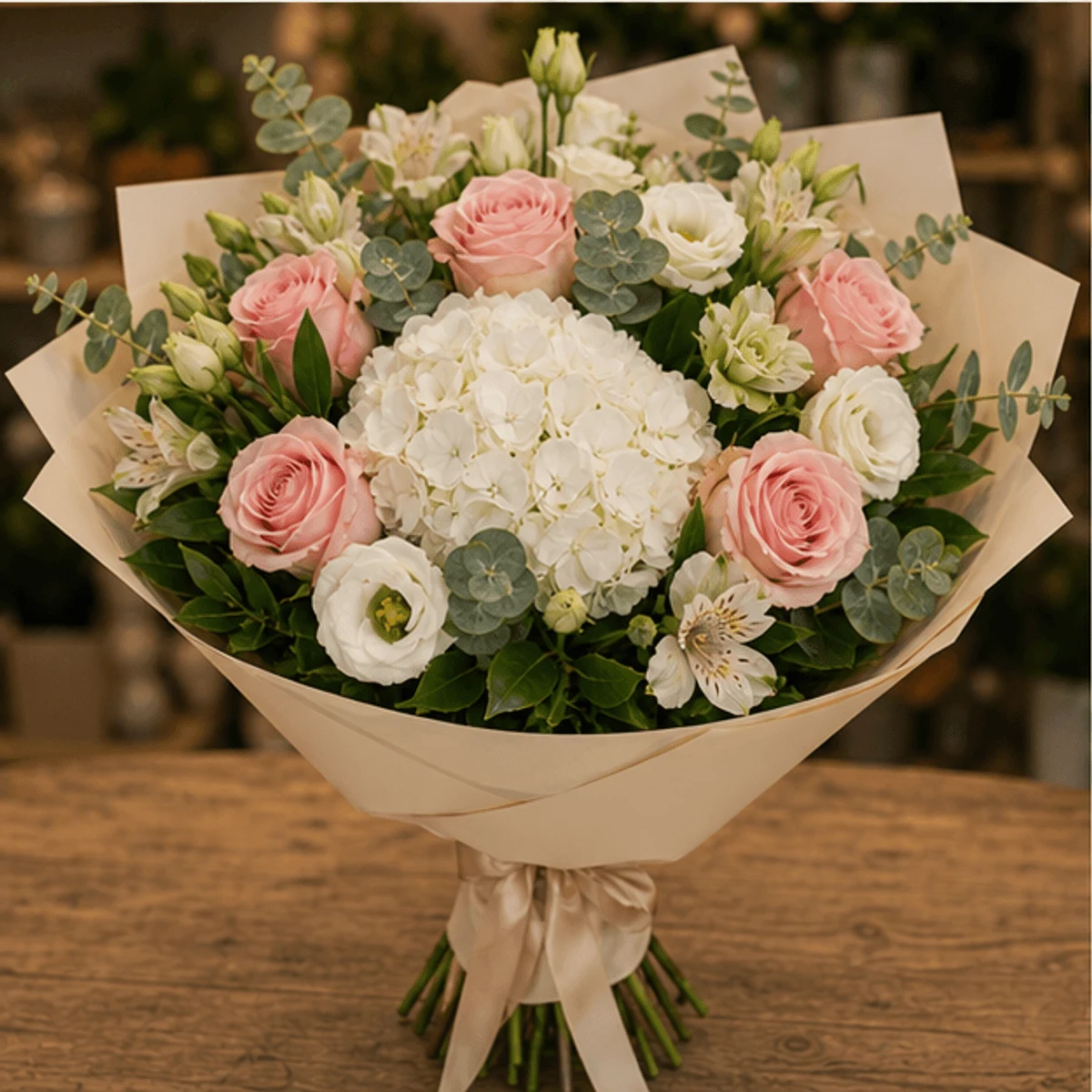 Buchet flori de camp premium cu hortensie si trandafiri pastel - poza 3
