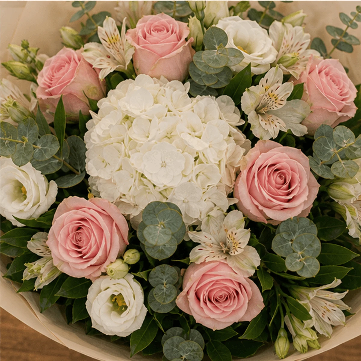 Buchet flori de camp premium cu hortensie si trandafiri pastel - poza 4