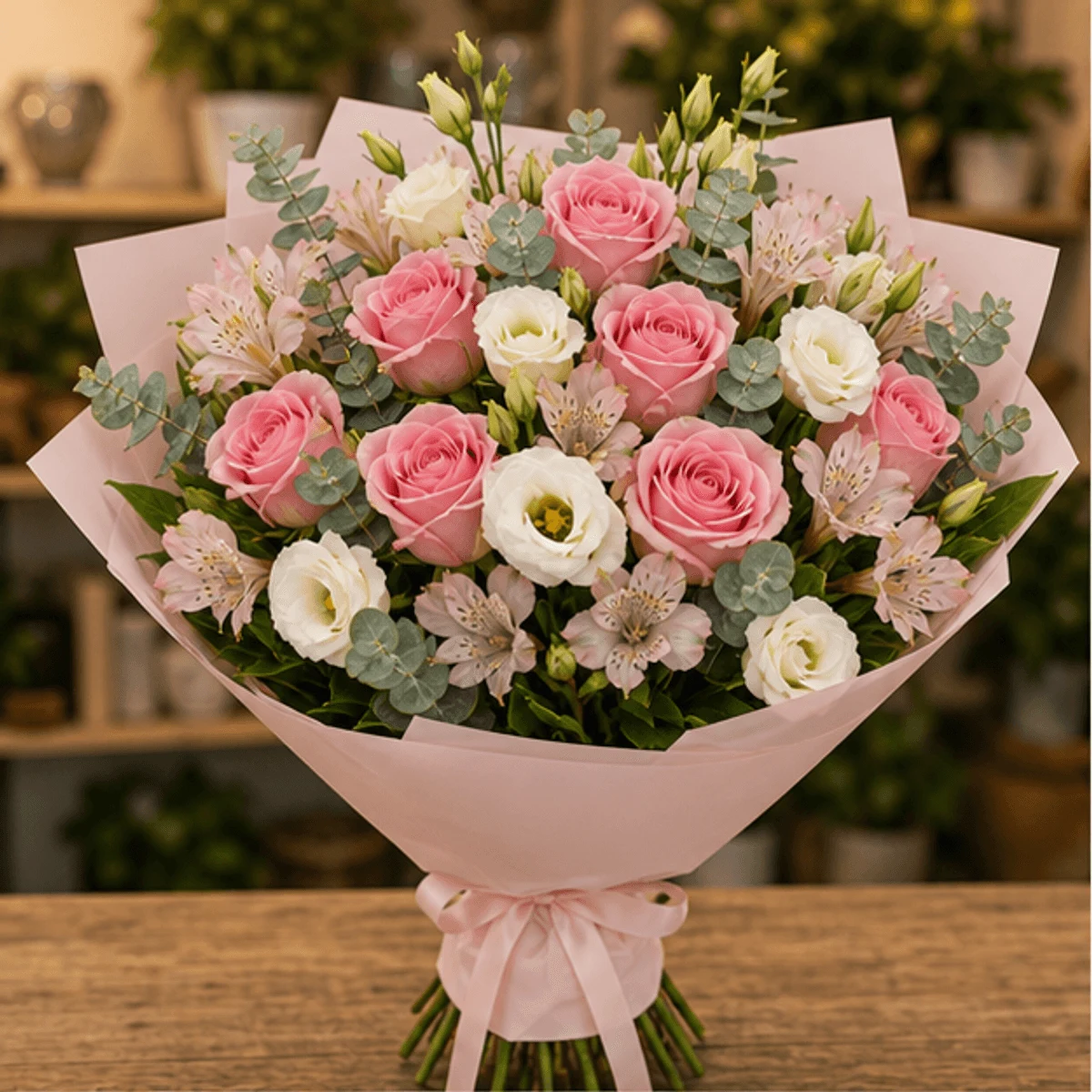 Buchet flori de camp roz delicat cu trandafiri si lisianthus - poza 1