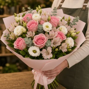 Buchet flori de camp roz delicat cu trandafiri si lisianthus - poza 2