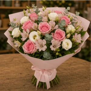 Buchet flori de camp roz delicat cu trandafiri si lisianthus - poza 3