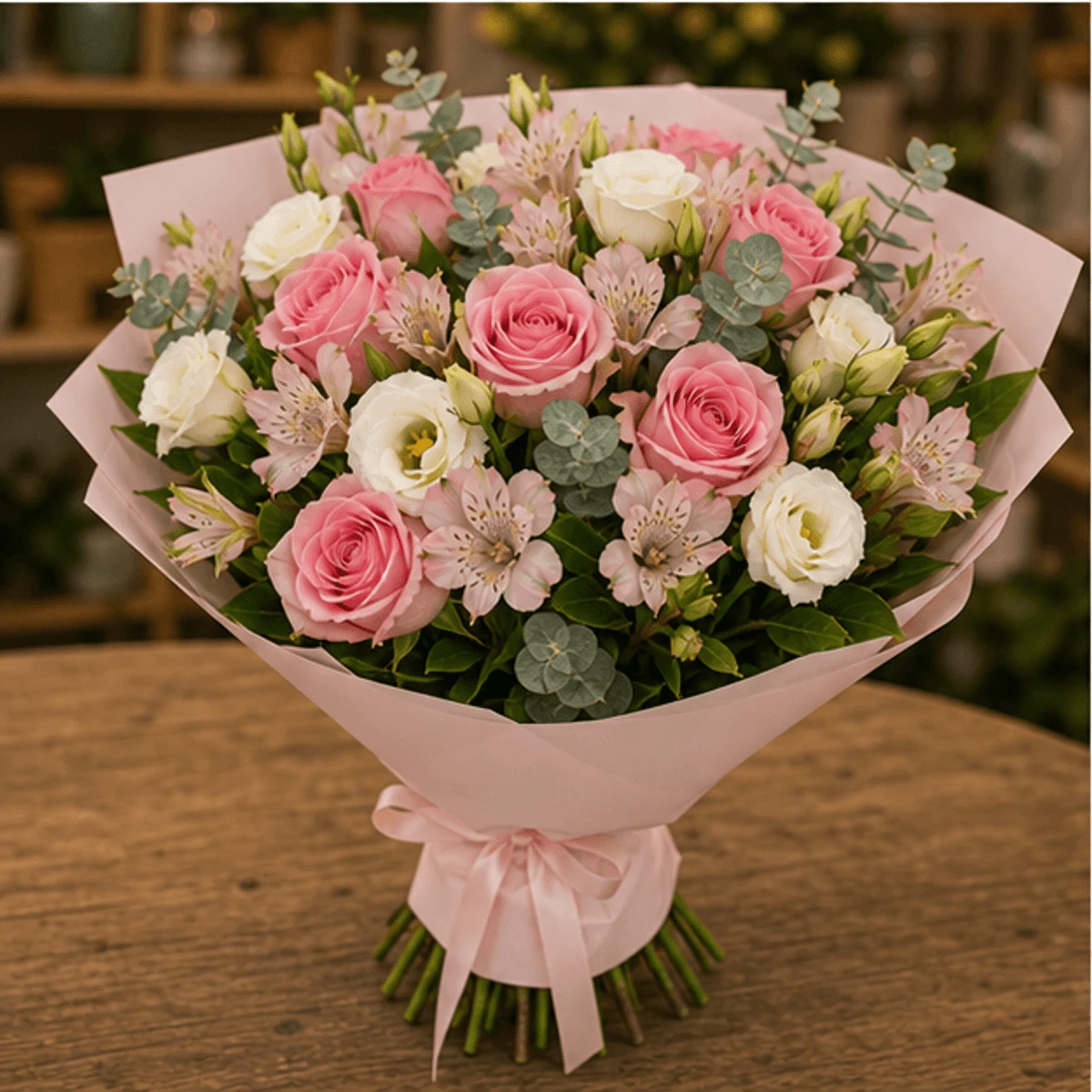 Buchet flori de camp roz delicat cu trandafiri si lisianthus - poza 3