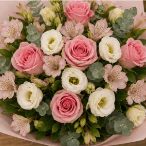 Buchet flori de camp roz delicat cu trandafiri si lisianthus - poza 4