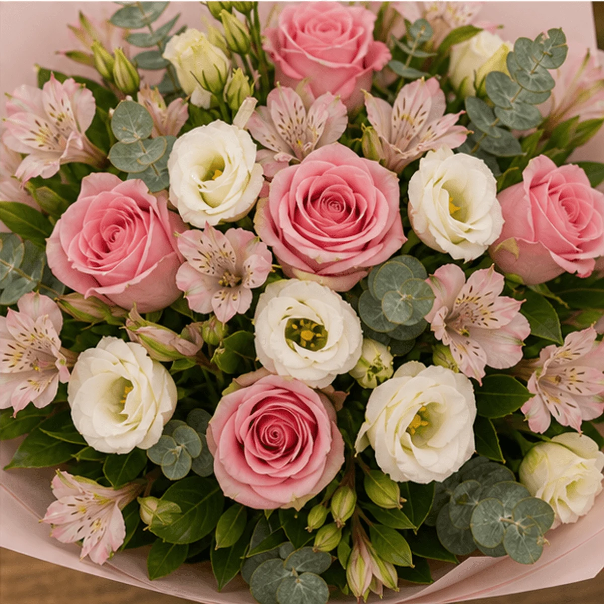 Buchet flori de camp roz delicat cu trandafiri si lisianthus - poza 4