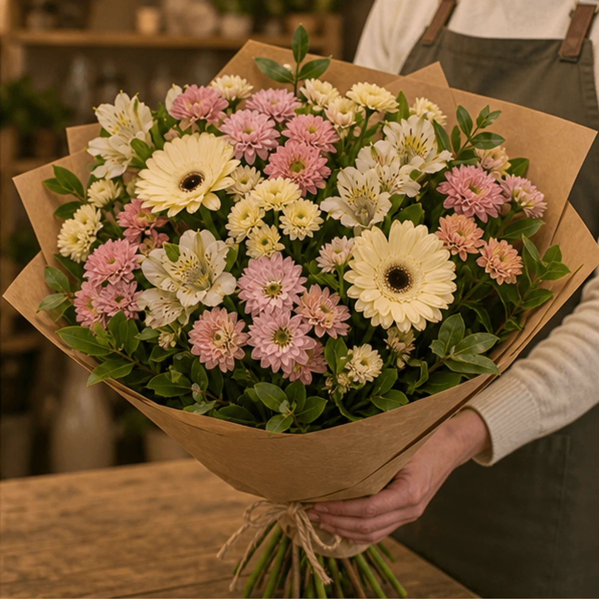 Buchet flori de camp rustic cu crizanteme si salal - poza 2