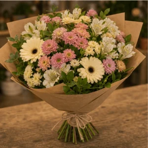 Buchet flori de camp rustic cu crizanteme si salal - poza 3