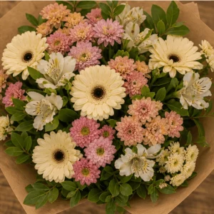Buchet flori de camp rustic cu crizanteme si salal - poza 4