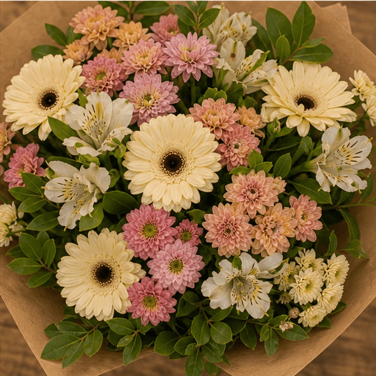 Buchet flori de camp rustic cu crizanteme si salal - poza 4