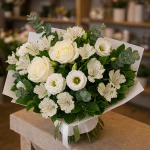 Buchet flori deosebite alb si verde cu trandafiri - poza 2
