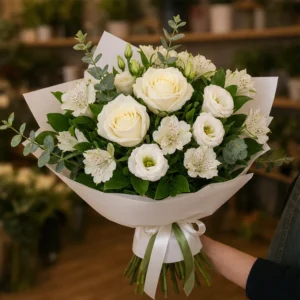 Buchet flori deosebite alb si verde cu trandafiri - poza 3