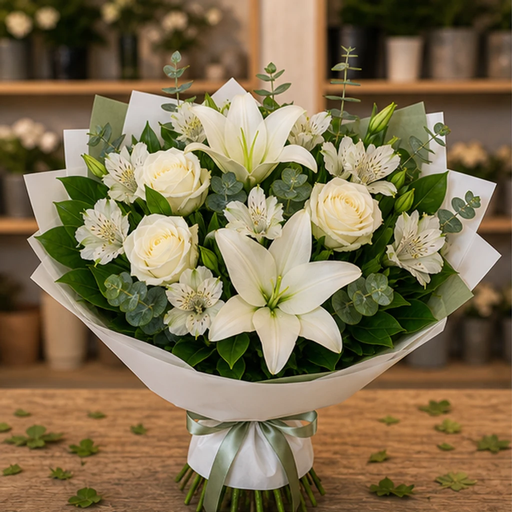 Buchet flori deosebite elegant cu crini albi - poza 1