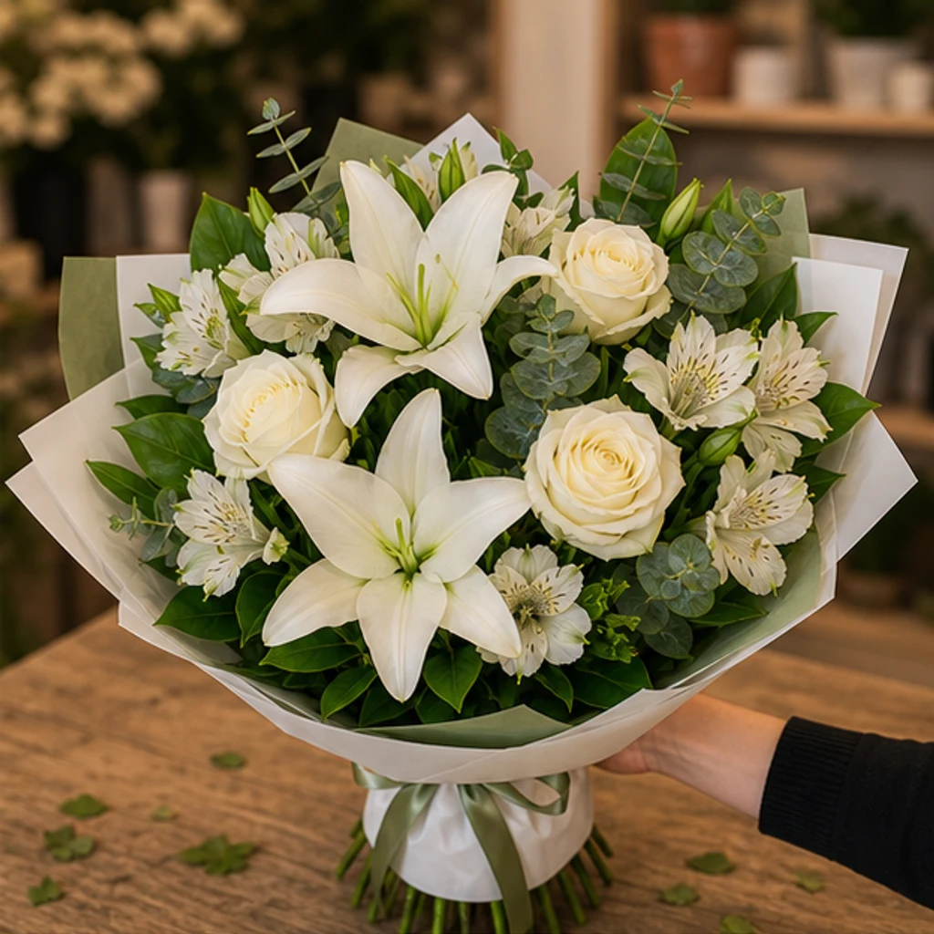 Buchet flori deosebite elegant cu crini albi - poza 2