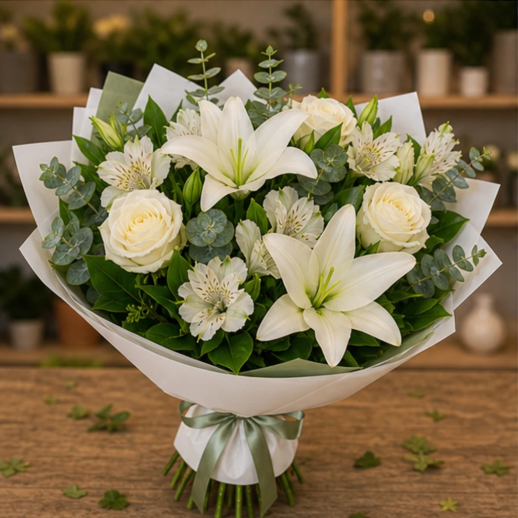 Buchet flori deosebite elegant cu crini albi - poza 3