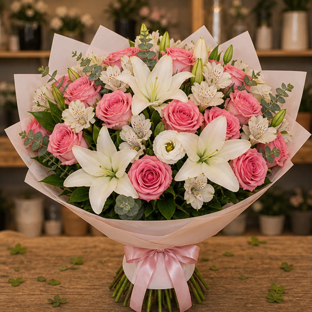 Buchet flori deosebite grand cu crini si trandafiri - poza 1