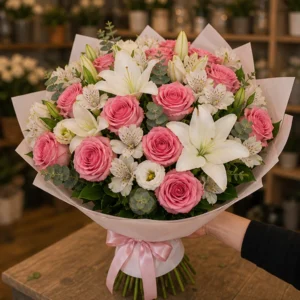 Buchet flori deosebite grand cu crini si trandafiri - poza 2