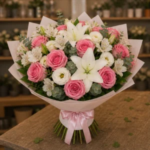 Buchet flori deosebite grand cu crini si trandafiri - poza 3