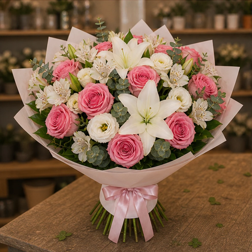 Buchet flori deosebite grand cu crini si trandafiri - poza 3