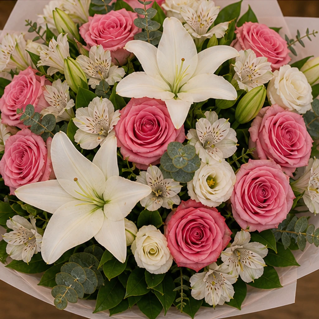 Buchet flori deosebite grand cu crini si trandafiri - poza 4