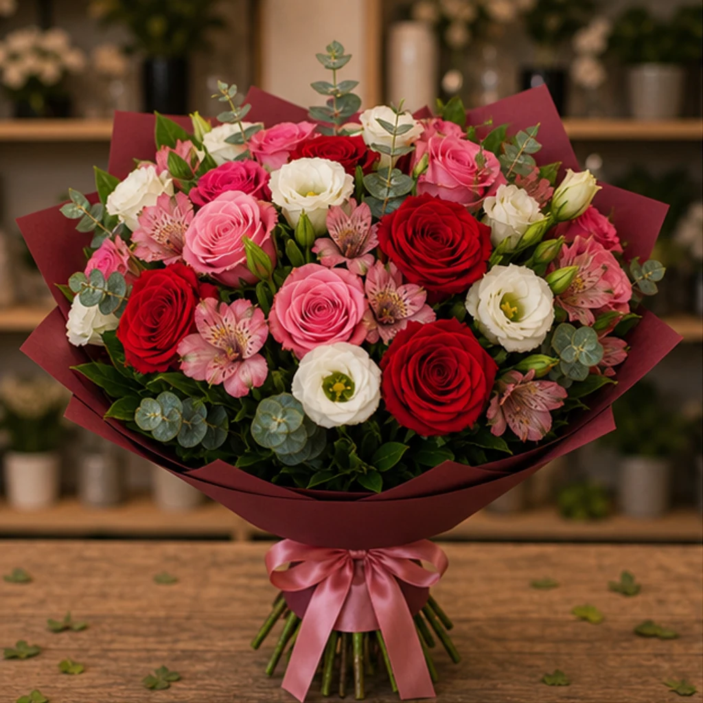 Buchet flori deosebite intens cu trandafiri si lisianthus - poza 1