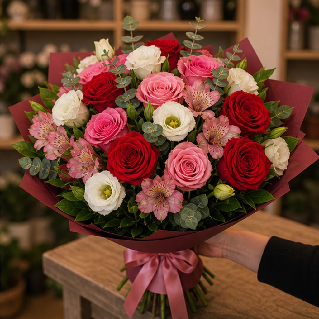 Buchet flori deosebite intens cu trandafiri si lisianthus - poza 2