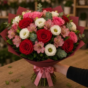 Buchet flori deosebite intens cu trandafiri si lisianthus - poza 3