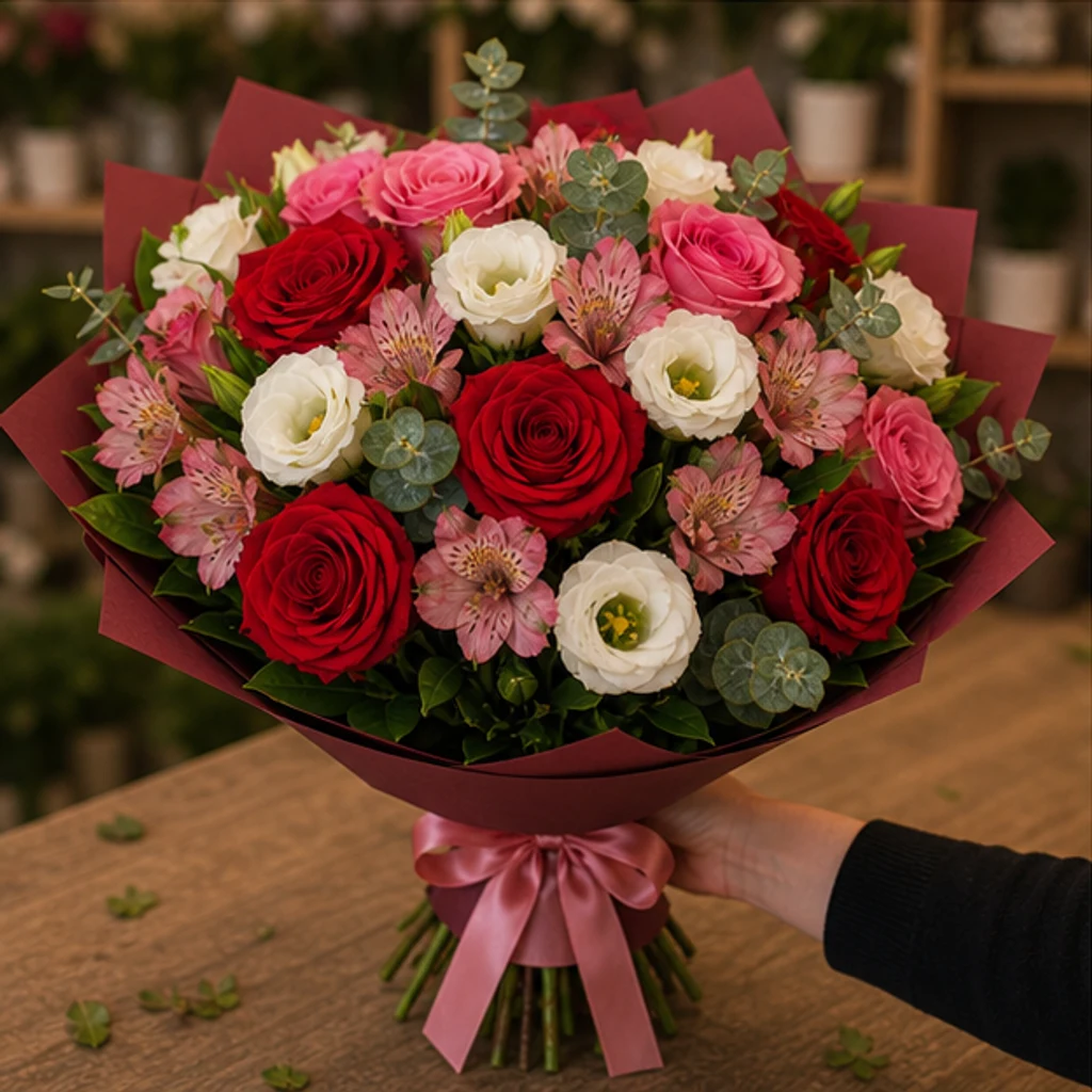 Buchet flori deosebite intens cu trandafiri si lisianthus - poza 3