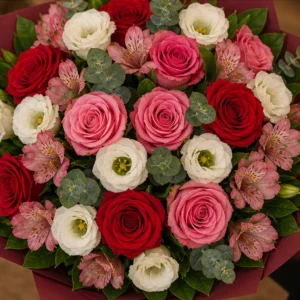Buchet flori deosebite intens cu trandafiri si lisianthus - poza 4