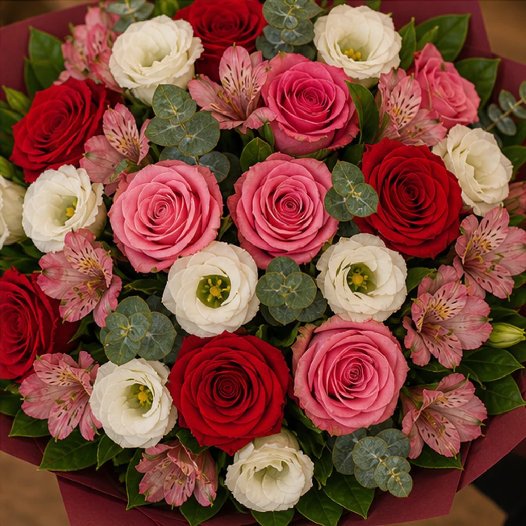 Buchet flori deosebite intens cu trandafiri si lisianthus - poza 4