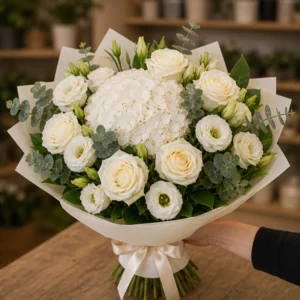 Buchet flori deosebite ivory cu hortensie alba - poza 2