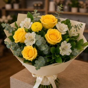 Buchet flori deosebite luminos cu trandafiri galbeni - poza 2