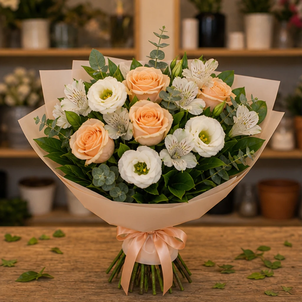 Buchet flori deosebite piersica si crem - poza 1