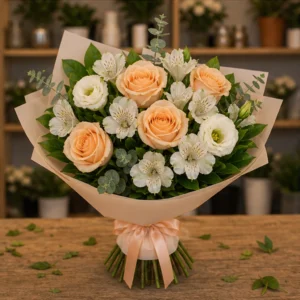 Buchet flori deosebite piersica si crem - poza 3