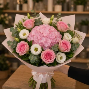 Buchet flori deosebite romantic cu hortensie roz - poza 2