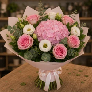 Buchet flori deosebite romantic cu hortensie roz - poza 3