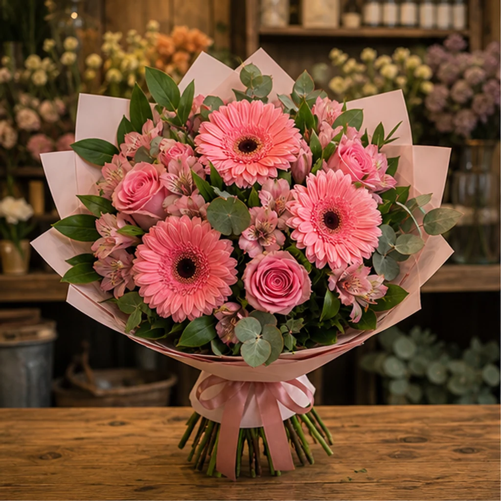 Buchet flori deosebite roz cald cu gerbera - poza 1