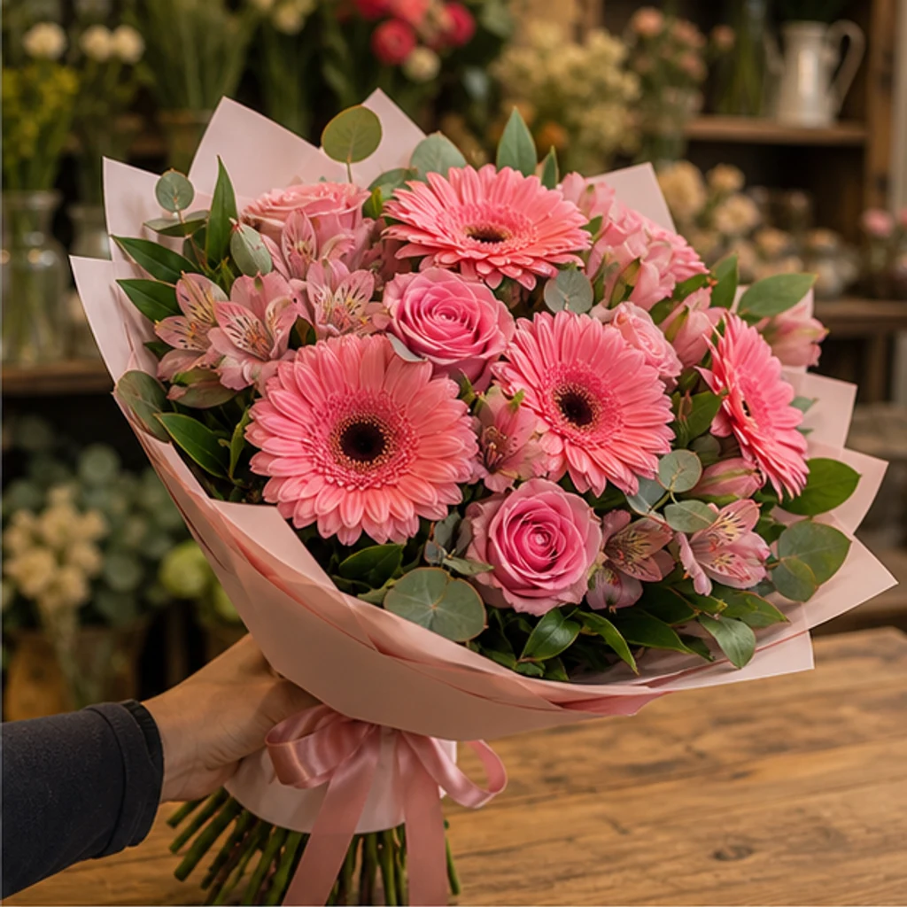 Buchet flori deosebite roz cald cu gerbera - poza 2