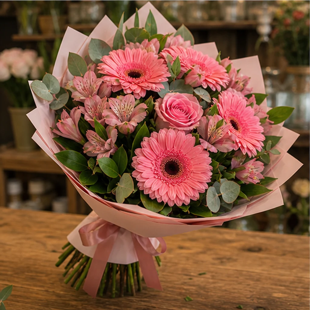 Buchet flori deosebite roz cald cu gerbera - poza 3
