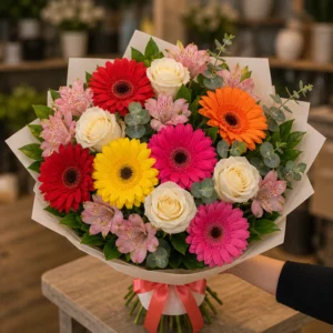 Buchet flori deosebite vesel cu gerbera multicolora - poza 2
