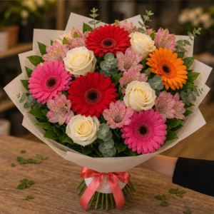 Buchet flori deosebite vesel cu gerbera multicolora - poza 3