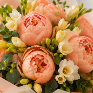 Buchet Flori la Domiciliu Apricot Grace cu Bujori și Frezii - imagine 2