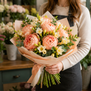 Buchet Flori la Domiciliu Apricot Grace cu Bujori și Frezii - imagine 3