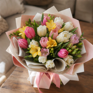 Buchet Flori la Domiciliu Zori de Acasă cu Lalele și Frezii - imagine 4