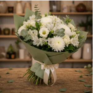 Buchet flori Valentine's Day alb crem cu crizanteme si eucalipt - poza 3